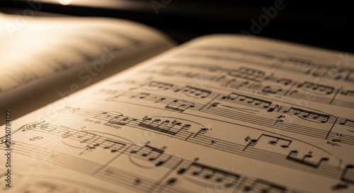 Close-up of a musical score with notes and symbols, illuminated by light.