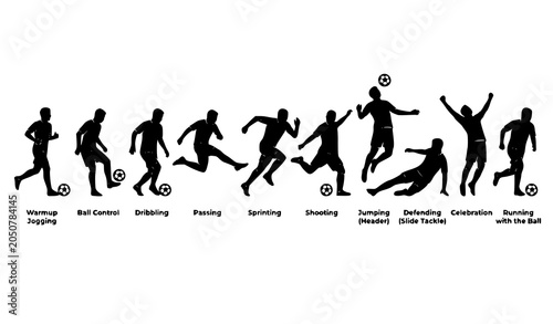 Foto Soccer Athlete Silhouette Set with Running Shooting Passing and Football Action