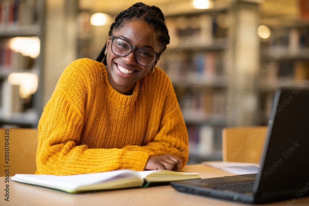 Obraz premium The student smiling at camera with laptop and open book in library