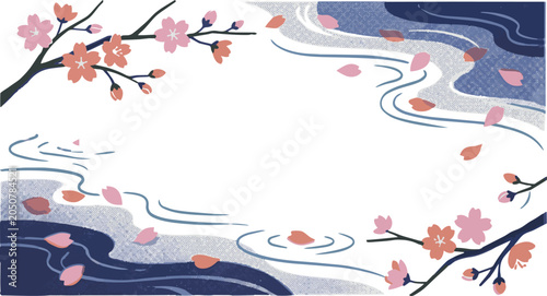 水面に浮かぶ桜の花びら、手書き風の桜のイラスト、版画風