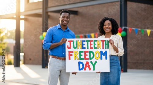 Two people holding a sign reading Juneteenth Freedom Day a celebratory photo outdoors african american adult