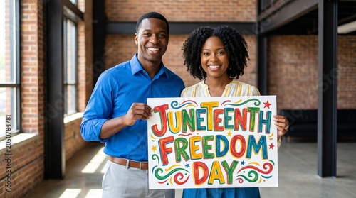 Couple Holding A Hand Lettered Juneteenth Freedom Day Sign Indoor Scene emancipation proclamation african american