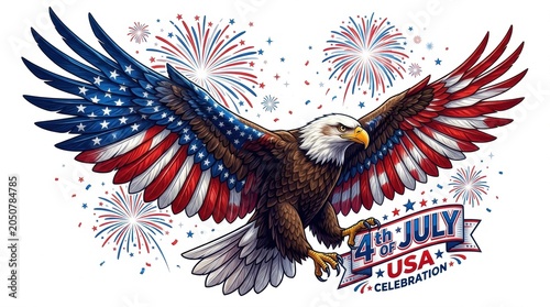 Patriotic American bald eagle with flag wings, 4th of July USA celebration banner, majestic bird soaring with fireworks on white background