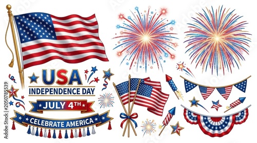 USA Independence Day celebration set, patriotic July 4th American flag and fireworks elements, red white and blue holiday decorations on white background