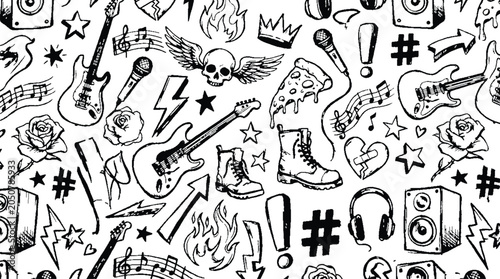 Obraz na plátně Vector seamless pattern with hand drawn rock music and punk culture elements