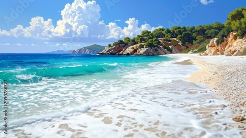 Beautiful coastal scenery with white sand, blue water and green trees nearby
