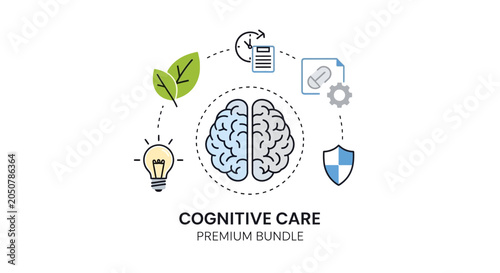 Foto Cognitive Care Concept: Brain, Lightbulb, Shield, Leaves, Clock, Gear Icons