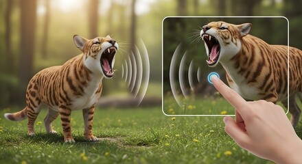 Tiger roaring in forest with augmented reality effect on smartphone