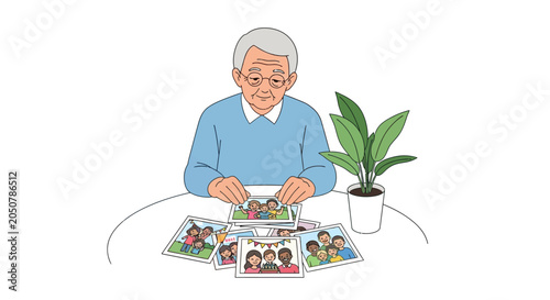 Foto Elderly Man Looking at Family Photos, Remembering Cherished Moments