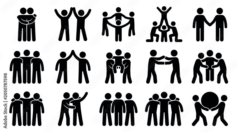 Obraz premium Collection of black stick figure icons showing various human interactions like hugging, high-fives and teamwork, symbolizing community partnership and illustrating corporate social cooperation