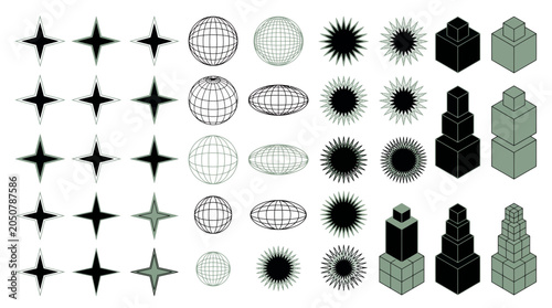 Set of Y2K retro futuristic wireframe spheres and isometric star shapes in sage green and black, representing modern graphic design elements and symbolizing creative assets for branding