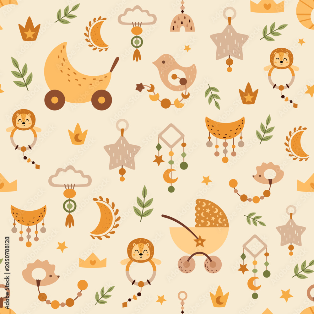 Fototapeta premium Nursery seamless pattern with cute newborn baby accessories and toys. Newborn baby background. Kids cartoon vector ilustration.