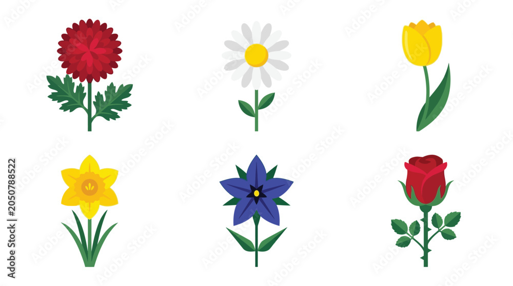 Obraz premium Vibrant collection of six colorful garden flowers including a red rose daisy tulip daffodil and other botanical blooms arranged in a neat grid pattern displayed as flat vector icons on white backgroun