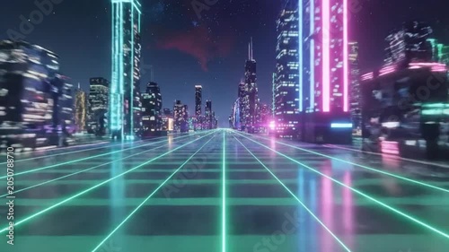 A futuristic cityscape with glowing lines and tall buildings at night time