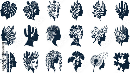 Photos Collection of silhouette featuring human profiles integrated with various botani