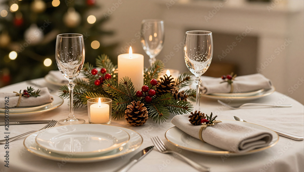 Fototapeta premium Elegant Christmas Dinner Table Setting with Festive Decor