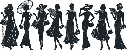 Foto Collection of eight stylish women silhouettes holding accessories like umbrellas