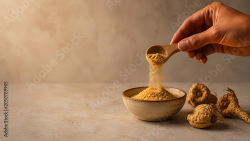 Maca Root Powder with Wooden Spoon and Dried Maca Roots, Premium Adaptogen Supplement Concept