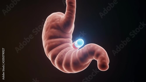 3D medical animation of a capsule entering the stomach.