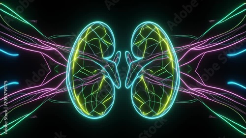 Futuristic Glowing Kidneys with Digital Data Streams.