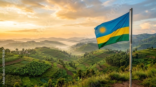 Rwanda national flag waving on pole over green terraced mountains during golden hour misty sunrise