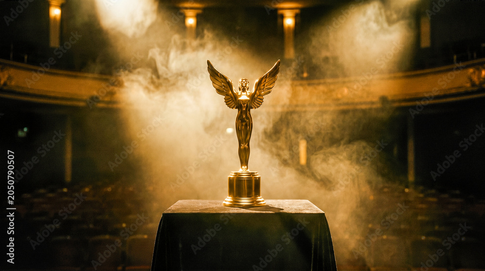 Fototapeta premium Golden winged female award statuette standing proudly on black velvet pedestal illuminated by bright dramatic spotlights inside empty theater filled with mysterious fog