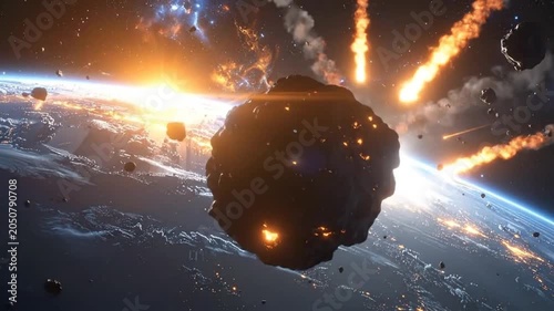 A beautiful view of the planet with asteroids and a bright sun in space
