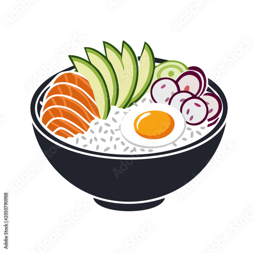 Flat design poke bowl with salmon, rice, avocado, egg, and radish