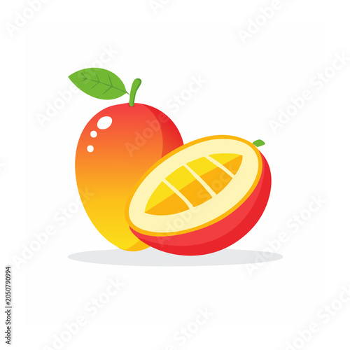 Flat design illustration of a whole and a halved mango