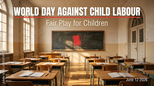 World Day Against Child Labour 2026 – Empty Classroom with Red Card Symbol, Fair Play for Children Editorial Stock Photo