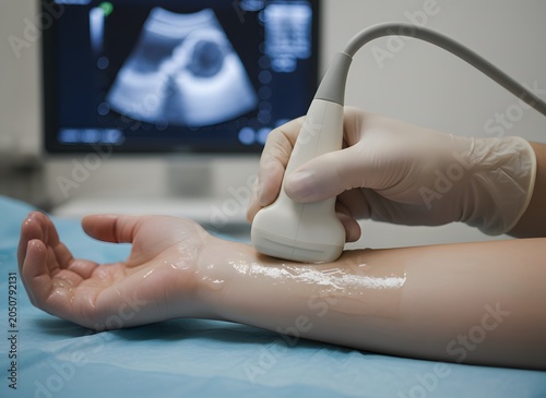 Medical professional conducting an ultrasound scan on a patient's wrist. Close up of hand with transducer and gel. Diagnostic imaging for joint or tendon examination