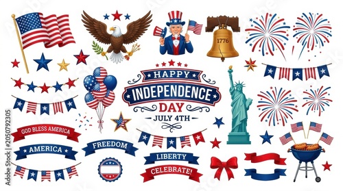Patriotic 4th of July Independence Day collection, American flag and eagle illustrations, vintage red white and blue holiday clip art set isolated PNG with Transparent Background