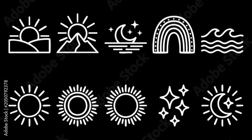 фотографія Minimalist white line art vector icons depicting various celestial weather pheno