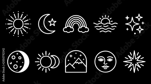 Canvas-taulu Set of white linear weather icons featuring celestial bodies and natural phenome
