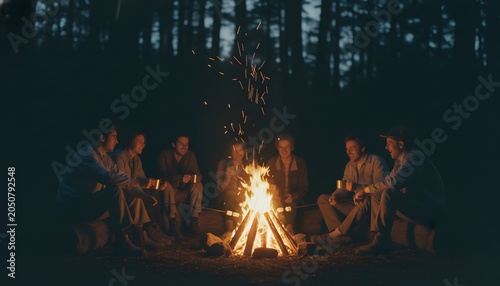 Friends sitting around a campfire in the forest at night. People roasting marshmallows and holding mugs. Camping and outdoor social gathering concept