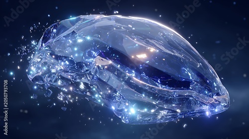 Abstract crystal alien head sculpture with blue lights