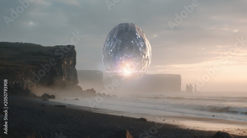 Alien egg glows on a misty alien shore at sunrise