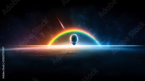 Alien head emerges from cosmic rainbow on distant planet