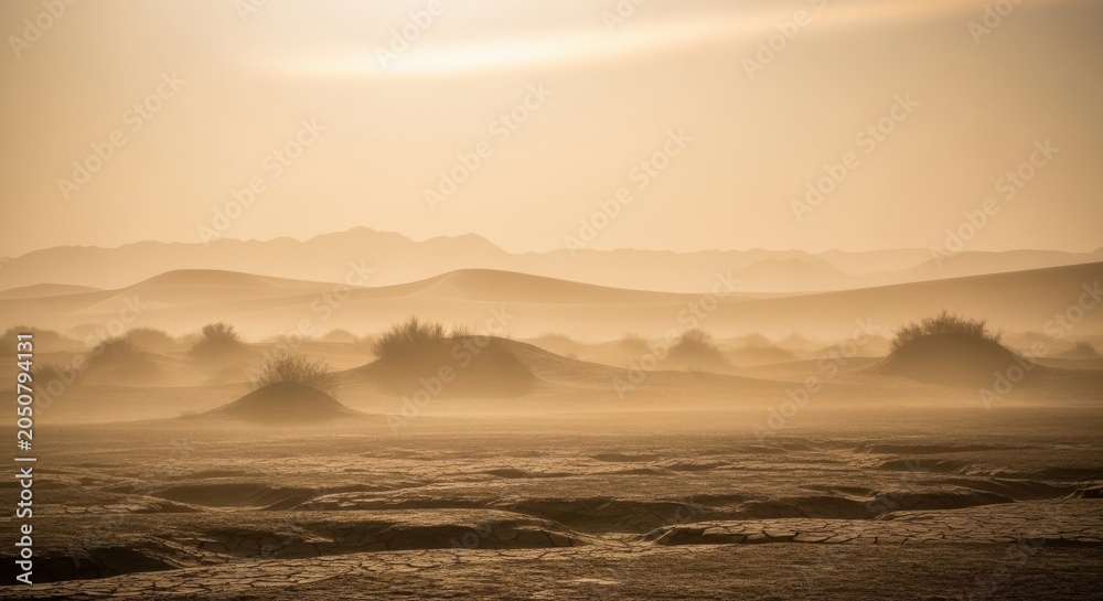 Fototapeta premium Ochre Dust Haze Over Arid Landscape at Dawn