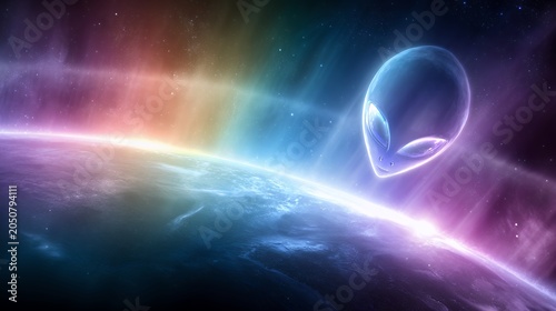 Alien head glowing in vibrant cosmic nebula