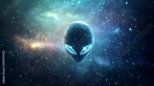 Alien head glows with bright blue eyes in cosmic nebula