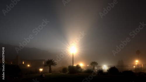 Bright streetlamp glows through dense fog at night