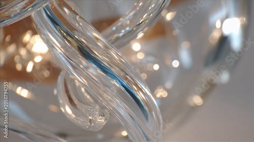 Clear glass sculpture with blue accents in studio light