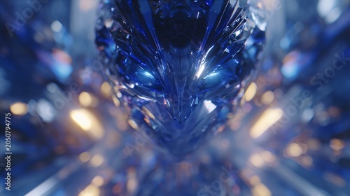 Close up of a glowing blue alien head with intricate details