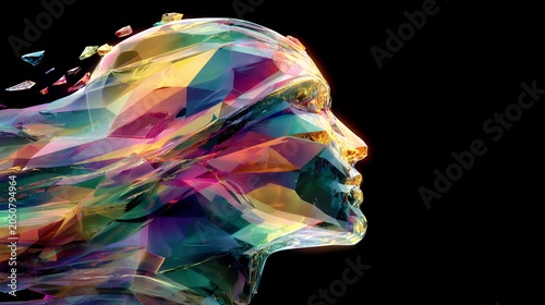 Colorful abstract alien head sculpture on black background