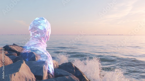 Crystal alien head sculpture on rocks by the shimmering ocean