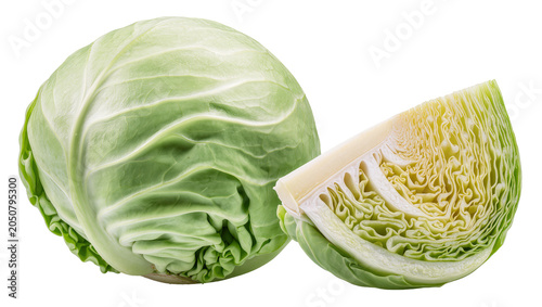Bild auf Leinwand Fresh green cabbage head and slice showing layered texture