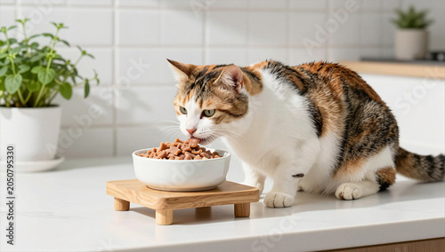 Elegant Calico Cat Dining from Ceramic Bowl on Wooden Stand