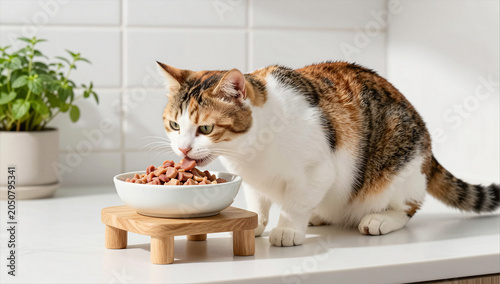 Elegant Calico Cat Dining from Ceramic Bowl on Wooden Stand