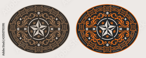 Tableau sur toile Sheriff Star Badge  barbed wire frame belt buckle tag Label wild west Rodeo Cowboy style Point Star vector design